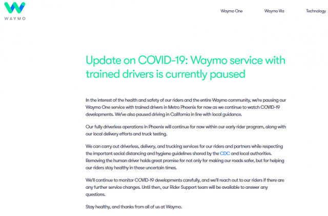 Waymo暫停Waymo One服務(wù) 但其真正的無人駕駛車輛除外