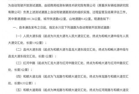 重慶指定60條道路作為自動(dòng)駕駛開放測(cè)試道路，全長(zhǎng)116公里
